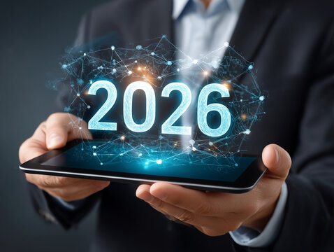 Businessman holding tablet projecting future year 2026 network