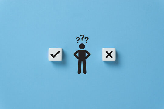 Decision making and choosing between the right and wrong. Confusion about to accept or to reject. Stickman with question mark standing in between the dice with check mark and x symbols