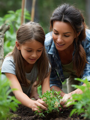 Fototapeta premium Mother and daughter planting seedling in garden together