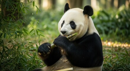 Obraz premium Giant panda sits in a lush forest eating bamboo shoots.