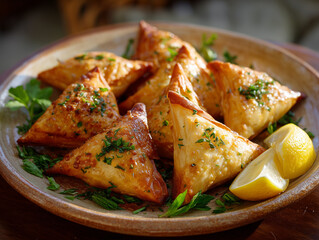 Golden crispy phyllo dough spanakopita appetizers with fresh lemon