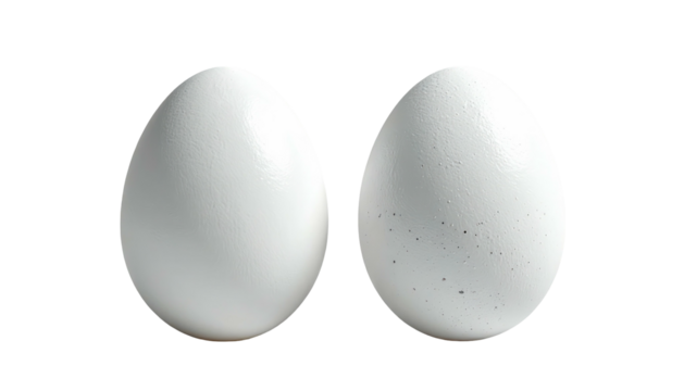 Pair of white, oval eggs close-up on a black background, with a speckled surface on one