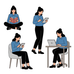 Flat vector illustration of a woman performing various actions such as reading a book, holding a notebook, using a tablet, and working on a laptop.