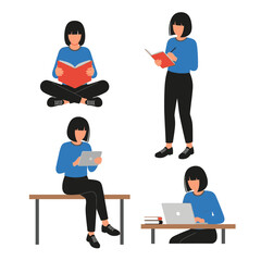 Flat vector illustration of a woman performing various actions such as reading a book, holding a notebook, using a tablet, and working on a laptop.