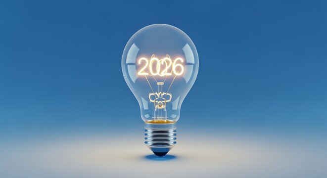 Illuminated Light Bulb Displaying 2026 in Neon Style on Blue Background