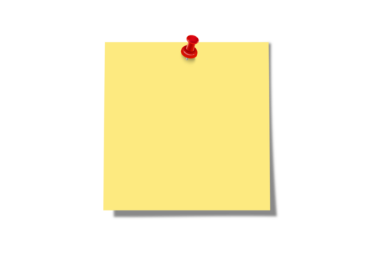 Blank Yellow Sticky Note Pinned with Red Thumbtack on Transparent Background