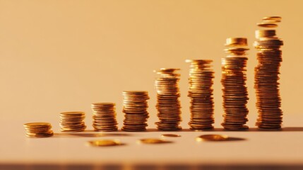 Growth of Coins in Stacks Showing Increasing Wealth Over Time in a Soft-Lit Setting