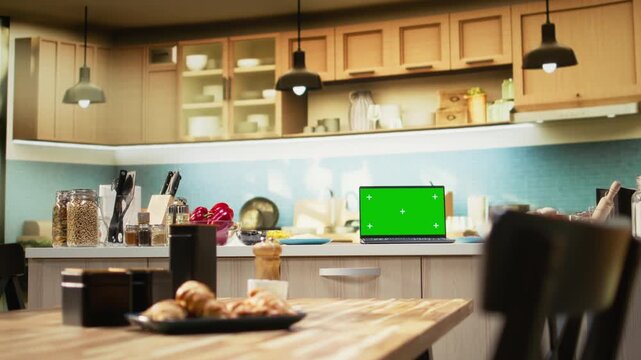 Chroma key screen in kitchen setup for pizza day with fresh produce and ingredients, utensils and food items on countertop. Kitchenware and appliances highlight a warm atmosphere of preparation.