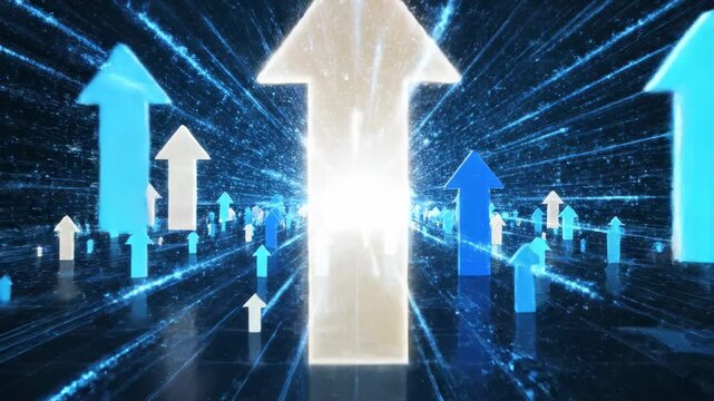 Fondo digital azul din&aacute;mico con flechas ascendentes brillantes que simbolizan crecimiento empresarial, &eacute;xito financiero, progreso tecnol&oacute;gico y desarrollo futuro.