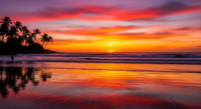 Vivid tropical sunset paints the sky with fiery colors over a tranquil ocean. - Powered by Adobe