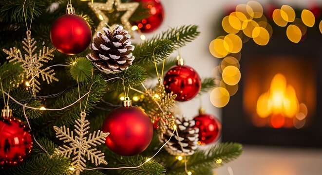 Decorated Christmas Tree with Red Ornaments Pinecones and Gold Snowflakes in Cozy Living Room