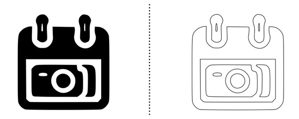 Calendar with camera icon minimal line and solid style vector symbol for photography schedule event planner photo shoot booking reminder and creative date design