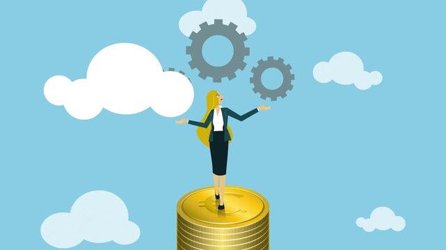 Professional standing atop ever growing stack of euro coins, business growth concept.