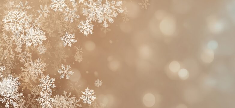 snowflakes on a beige background with bokeh, a white and gold color palette, banner design Generative AI