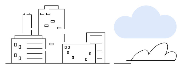 Linear cityscape of tall buildings and smaller structures with a cloud and bush representing simplicity and urban harmony. Ideal for real estate, architecture, planning, environment, urban living
