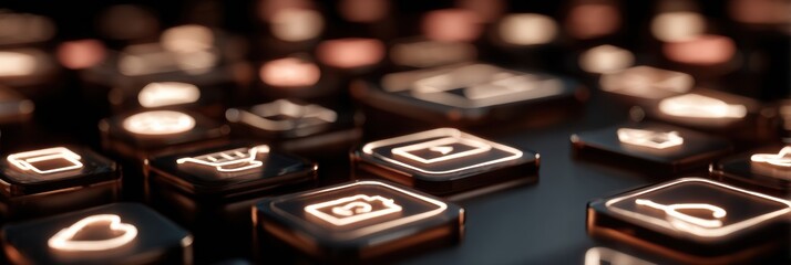 Close-up View of Illuminated Keyboard Keys Displaying Various Icons at Nighttime