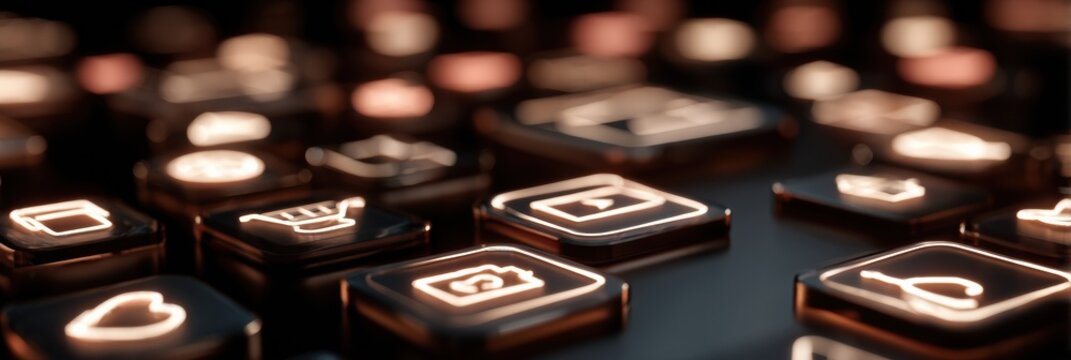 Close-up View of Illuminated Keyboard Keys Displaying Various Icons at Nighttime - Powered by Adobe