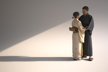 Man and woman in kimonos embracing gently.