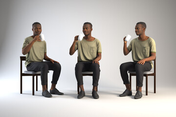 Three renderings of the same person drinking from mugs.