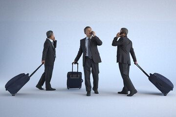 Three businessmen on phones are pulling luggage bags in a light room.