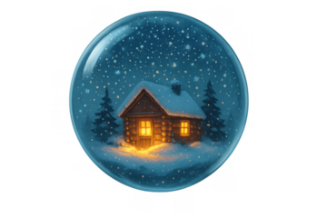 Illuminating windows of a warm log cabin inside a snow globe, capturing a festive winter night scene with falling snow. Transparent