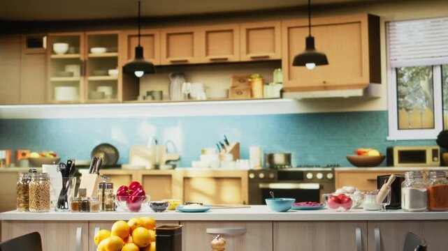 Modern kitchen filled with fresh pizza ingredients on the countertop, including cheese, salami and pepperoni. Utensils and baking tools sit neatly arranged for homemade food preparation.