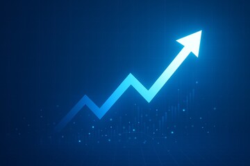 Blue digital arrow rising upward showing economic growth trend and technology success