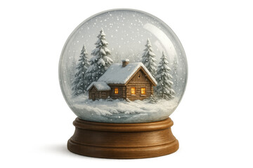 Snow globe with cozy winter cabin in snowy forest, glowing windows, celebrating christmas and holiday season on transparent background