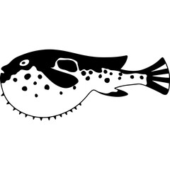 Stylized Pufferfish Illustration with Black and White Silhouette and Spots on Transparent Background