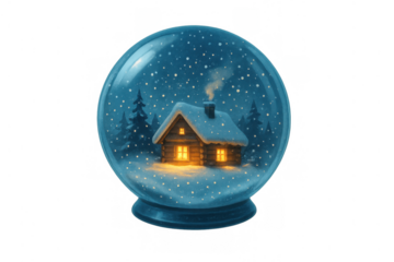 Snow globe illustrating a cozy winter cabin at night, glowing warmly during a christmas holiday snowfall