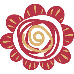 Stylized Red and Gold Flower Emblem with Swirling Center and Petal Accents on a Transparent Background