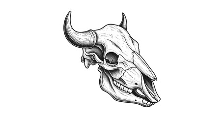 Detailed black and white bull skull with horns in stipple art technique