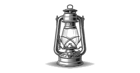 Vintage kerosene lantern line art with intricate detailing on white background