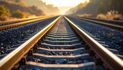 Empty Railway Tracks Glowing at Golden Hour Sunset