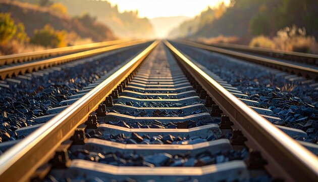 Empty Railway Tracks Glowing at Golden Hour Sunset