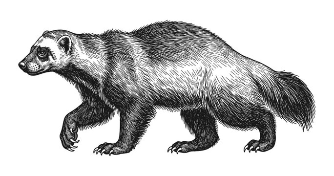 Detailed black and white wolverine engraving art on white background