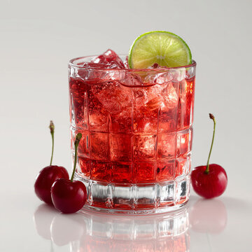 cherry cocktail with lime slice and ice