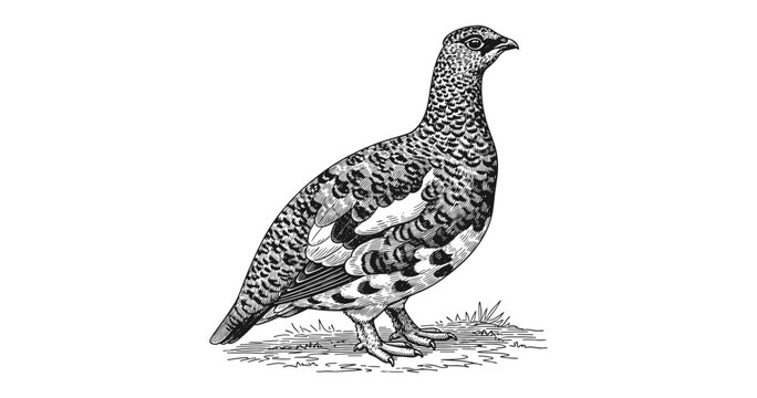 Detailed drawing of a black and white grouse standing in profile