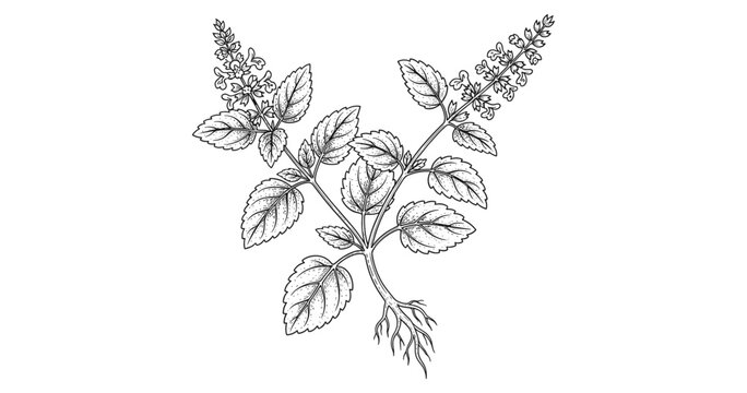 Botanical drawing of flowering herb with intricate details and roots