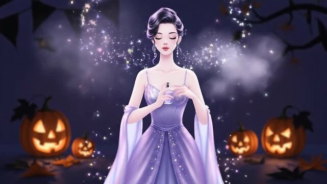 Animated Woman in Lilac Gown Holding Perfume Bottle with Pumpkins and Falling Sparkles in Soft Dark Backdrop for Halloween