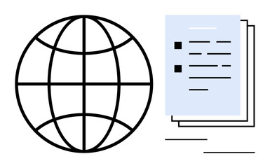 Globe symbol paired with documents representing interconnected communication, data exchange, information management, and collaboration. Ideal for global access, connectivity, digital documentation