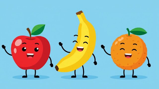 Cartoon fruits apple, banana, and orange, with faces, arms, and legs, on a blue background