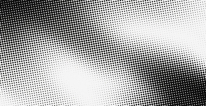 Vector illustration of a monochrome halftone background with a fading dot gradient effect. Retro pop-art pattern template ideal for graphic design, grunge texture overlay, or comic background.