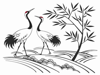 Fototapeta premium Chinese painting with elegant cranes standing near bamboo plant, showcasing traditional art style with graceful lines and minimalistic design. This artwork depicts harmony and tranquility in nature.
