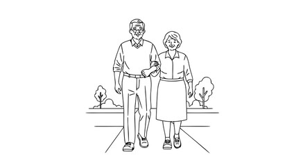 Elderly friends walking together on sunny day, enjoying moments of companionship while strolling in park. Elderly friends share laughter and stories while walking side by side.