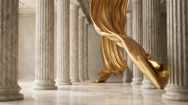 Golden Silk Fabric Flowing Through Marble Hall with Columns &ndash; Cinematic 4K Seamless Luxury Neoclassical Loop