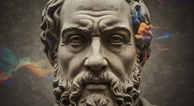 Close up of a stone bust of a man with a beard against a colorful abstract background design element