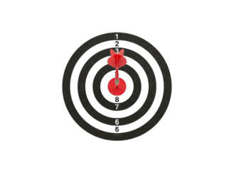 Red Dart Embedded Precisely In The Center Bullseye Of A Black Target Board With White Numbered Rings Against A Transparent Background Representing Accuracy And Success In Competition