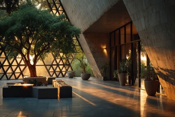 Interior Architectural Space With A Tree And Sunlight Streaming Through Geometric Windows