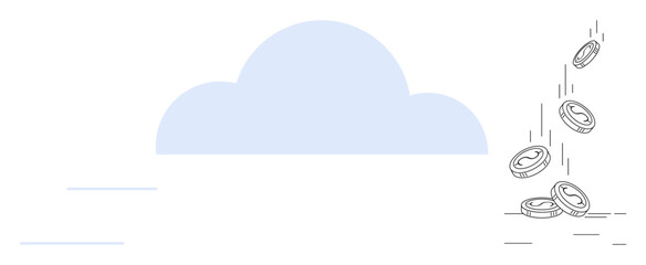 Cloud backdrop with coins falling in motion, representing cost savings, digital economy, online storage, financial technology, and economic productivity. Ideal for fintech, cloud services, savings